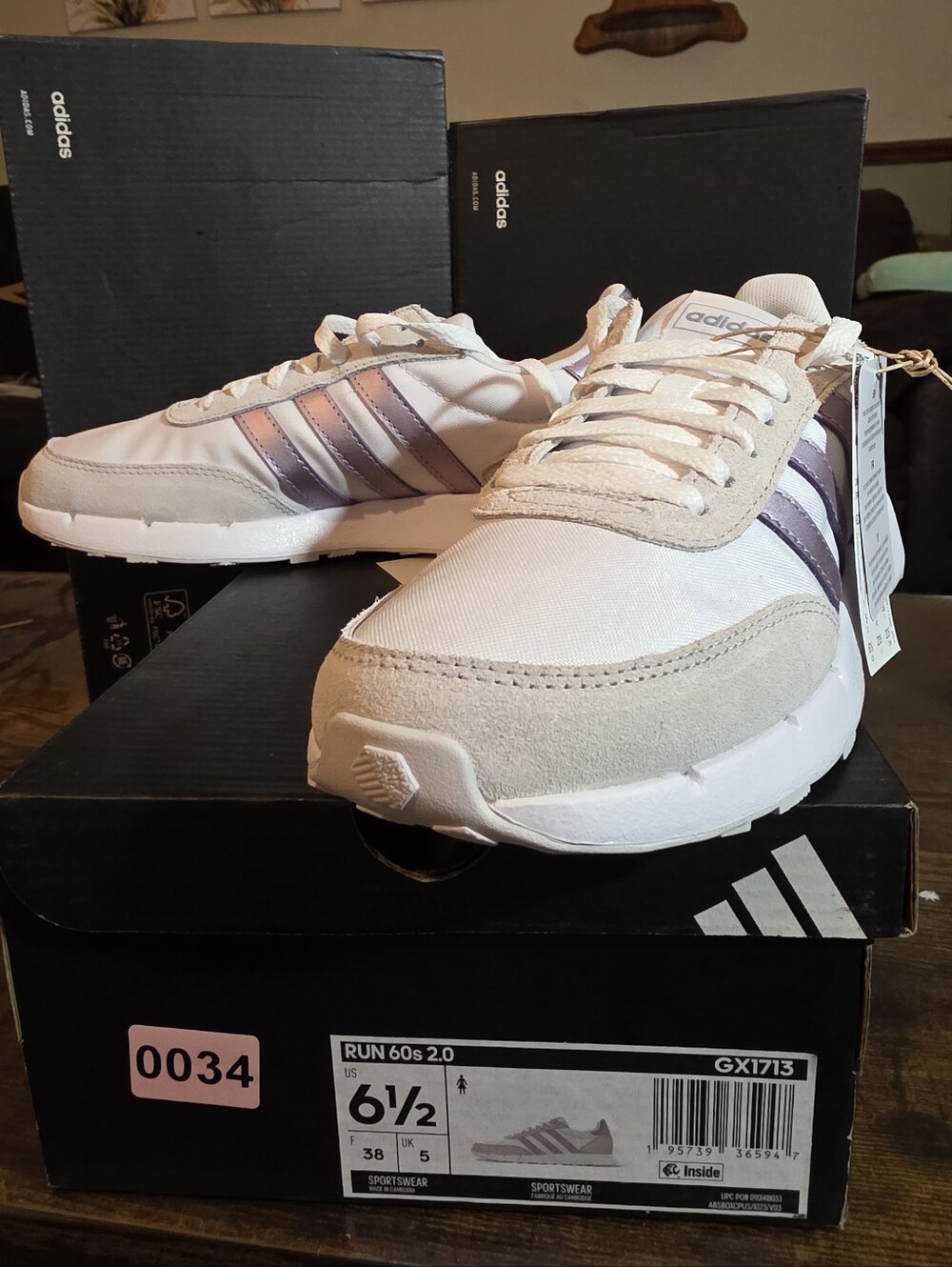 Adidas RUN 60s 2.0 Sneakers in White with Metallic Purple Stripes